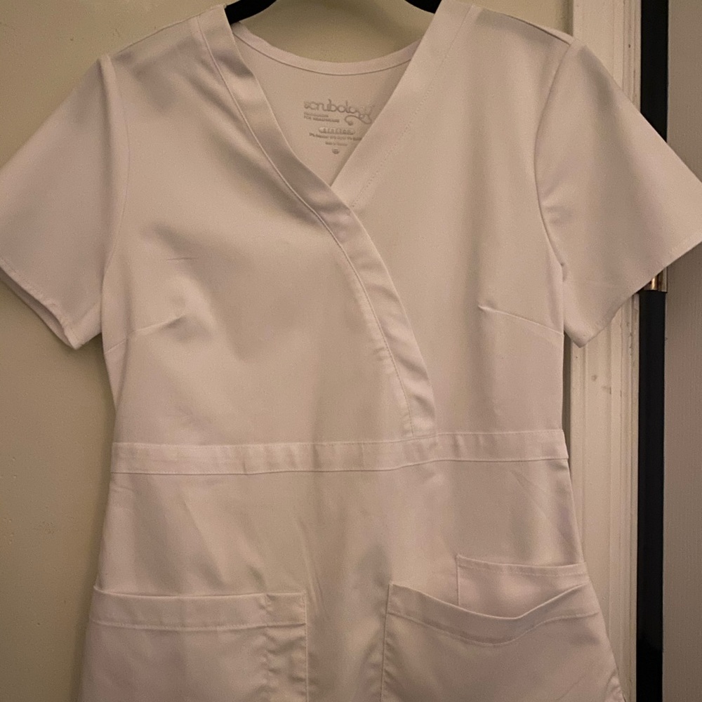 white scrub shirt